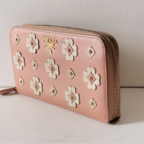 PRADA Saffiano Leather Flower Pearl Long  Zip Around Wallet - Picture 5 of 8
